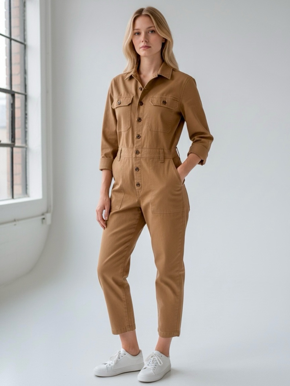 RE/DONE Brown Cotton Linen Utility Jumpsuit Size 12 Button Front Workwear
